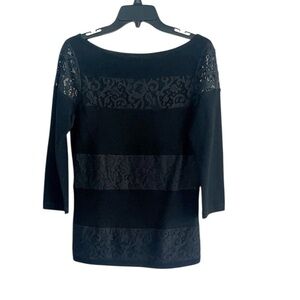 Ann Taylor Black Knit Top with Lace and Solid Horizontal Panels Size S